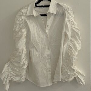 NWOT White Button Down Shirt With Dramatic Ruffled Sleeve Detail. Size 40.